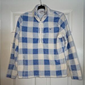 Vineyard Vines Fleece Blue and White Plaid Zip-Up Pullover